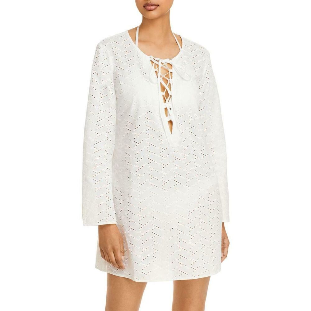 AQUA SWIM Women's Eyelet Tunic Swimsuit Cover-Up sz M Ivory